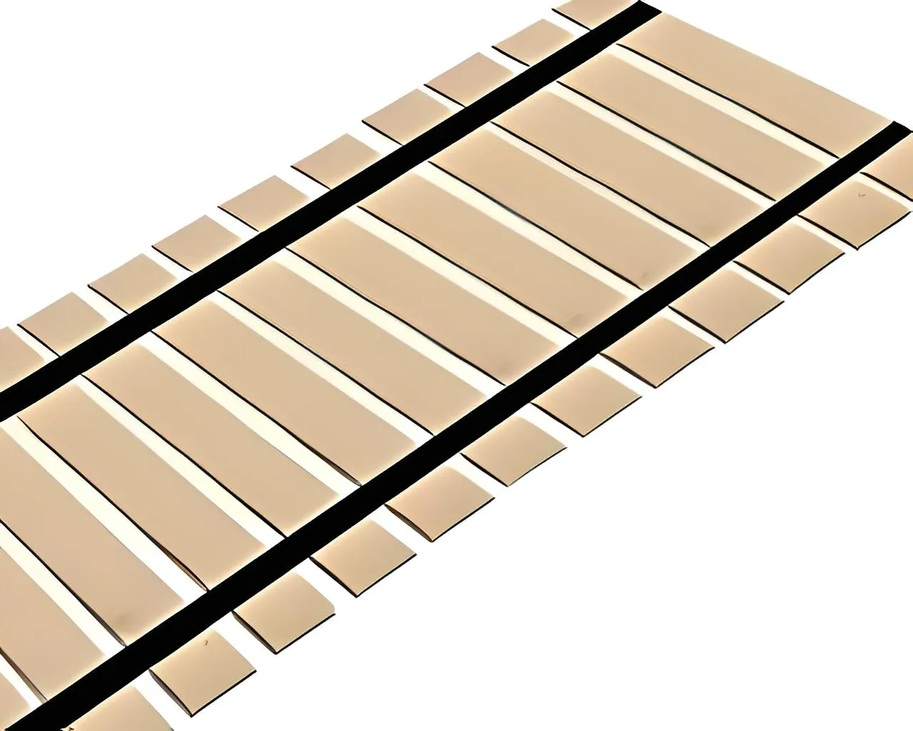 A wooden train track with black strips on it.