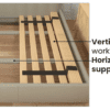 A bed frame with wooden slats and metal bars.