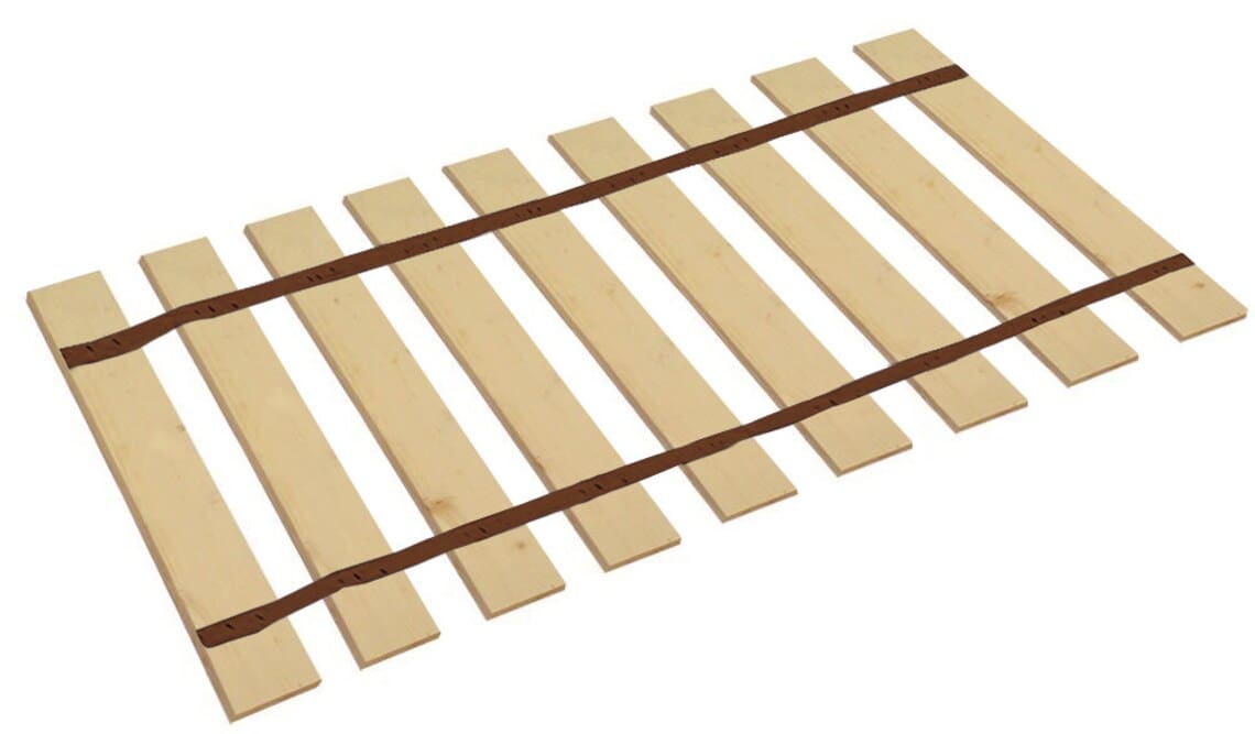 A wooden train track with brown strips on it.