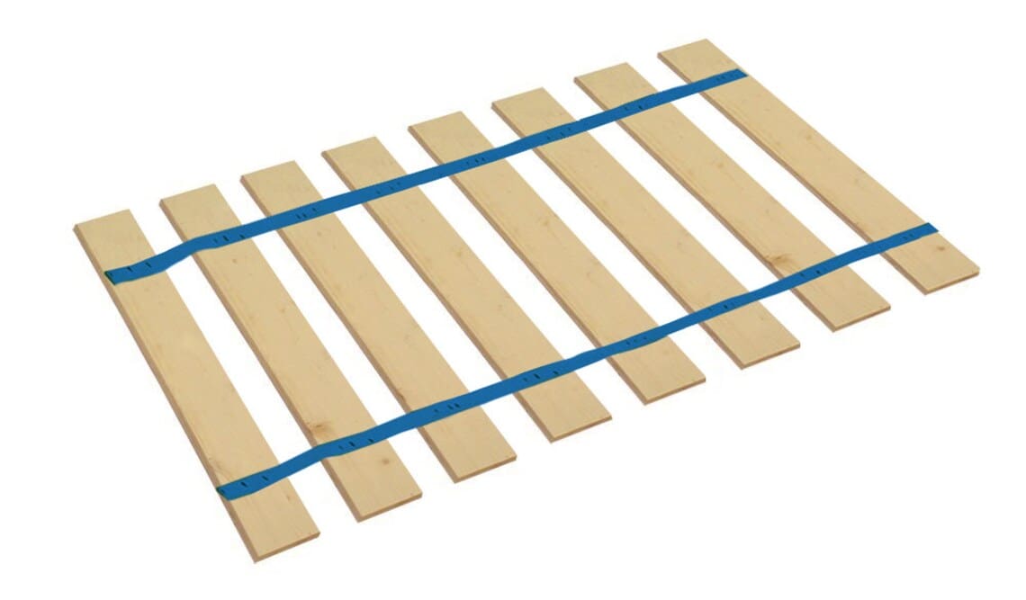 A bed frame with blue tape on it.