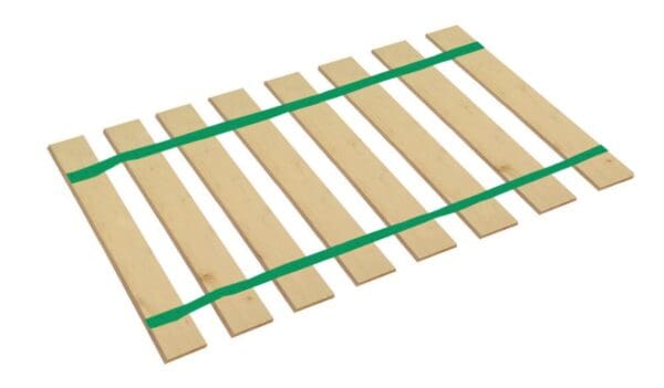 A wooden bed frame with green tape on it.