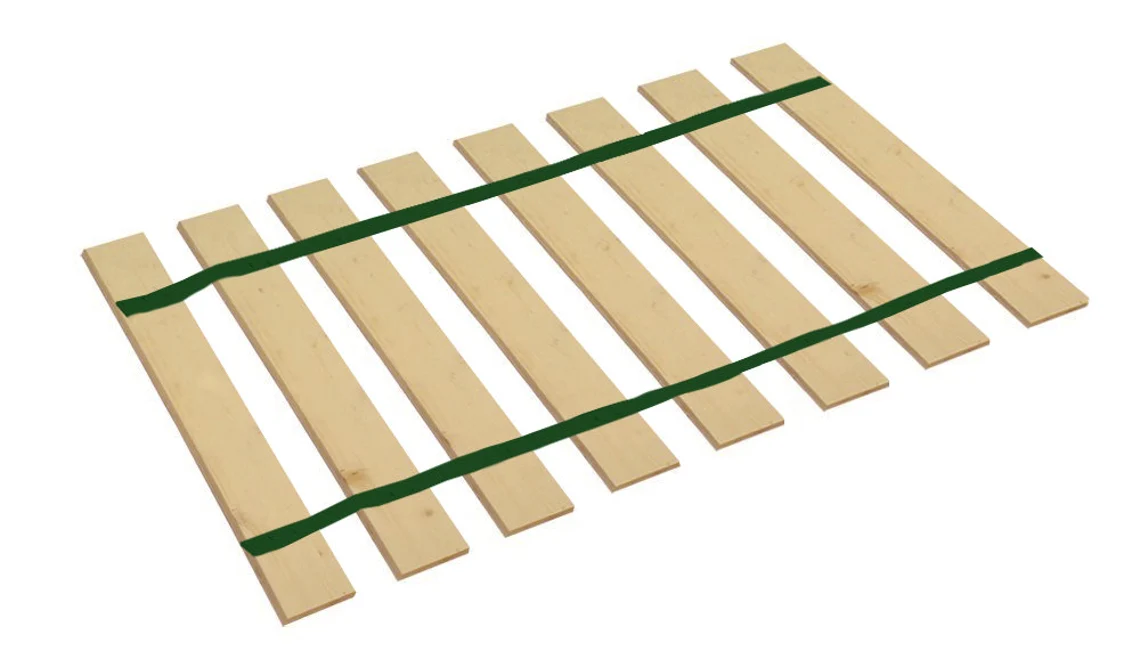 A wooden bed frame with green straps on it.