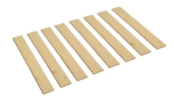 A set of ten wooden strips that are laying on the floor.