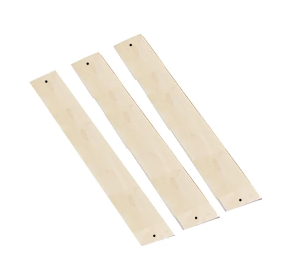 A set of three wooden strips with holes.