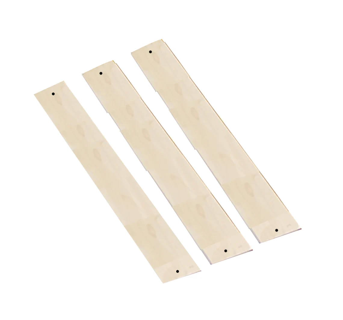 A set of three wooden strips with holes.