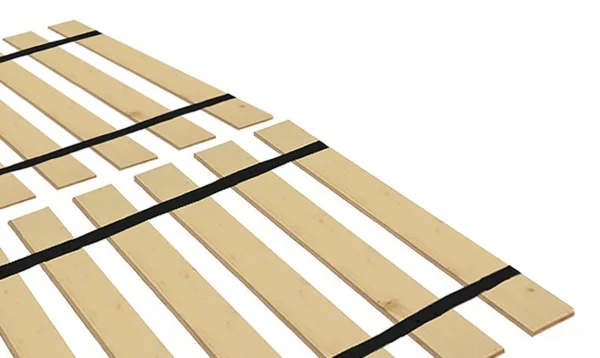 A wooden bed frame with black straps on it.