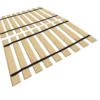 A bed frame with wooden slats and black straps.