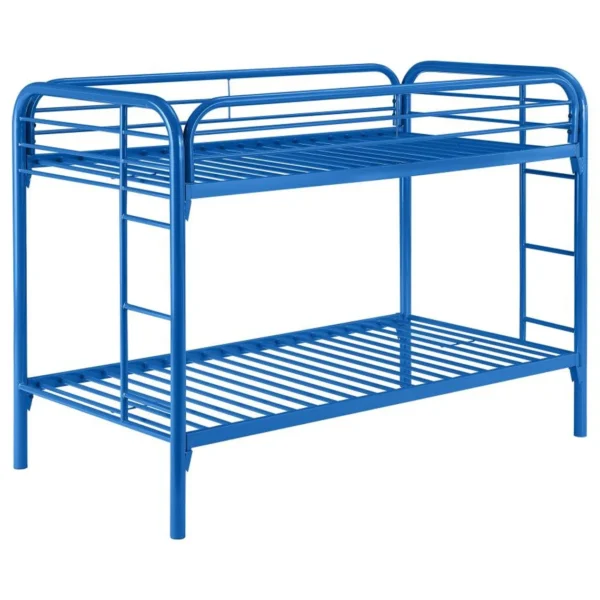 A blue bunk bed with two levels and no mattress.