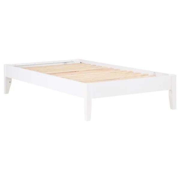 A white bed frame with wooden slats on top.