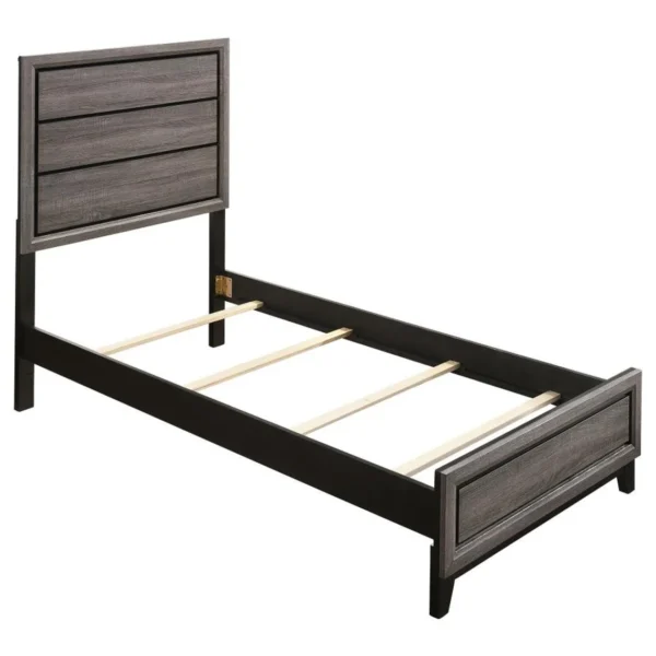 A bed frame with wooden headboard and footboard.