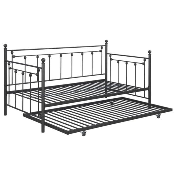 A black metal day bed with pull out trundle