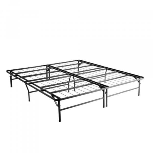 A bed frame with metal legs and platform.