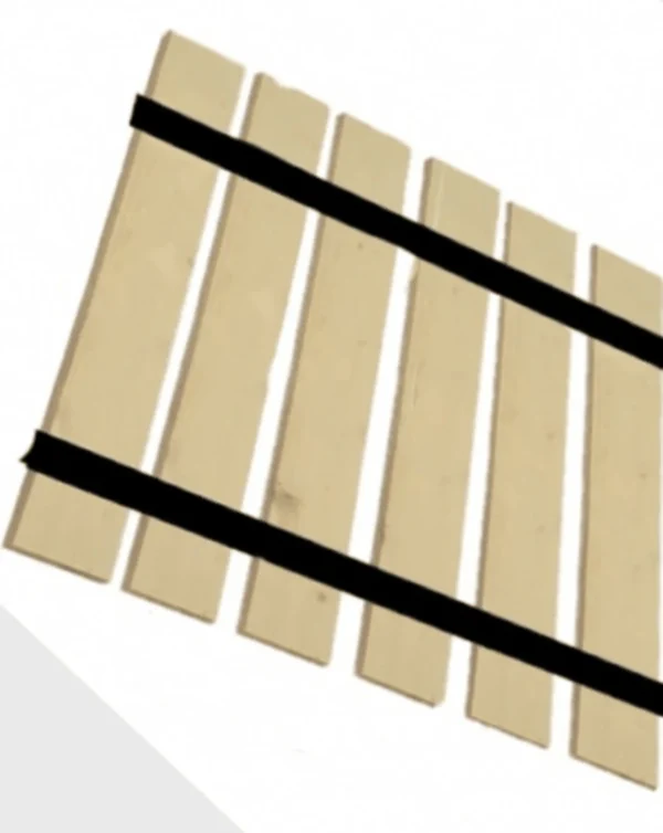 A wooden slat with black strips on it.