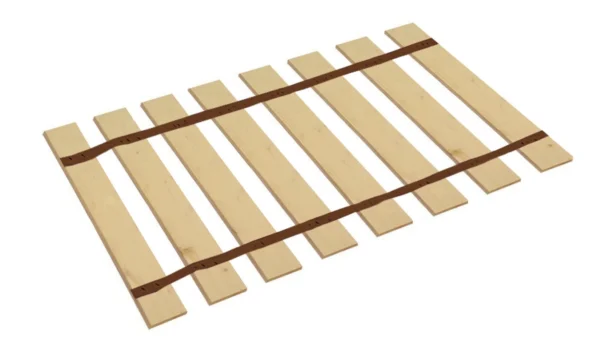 A wooden slat bed frame with brown straps.