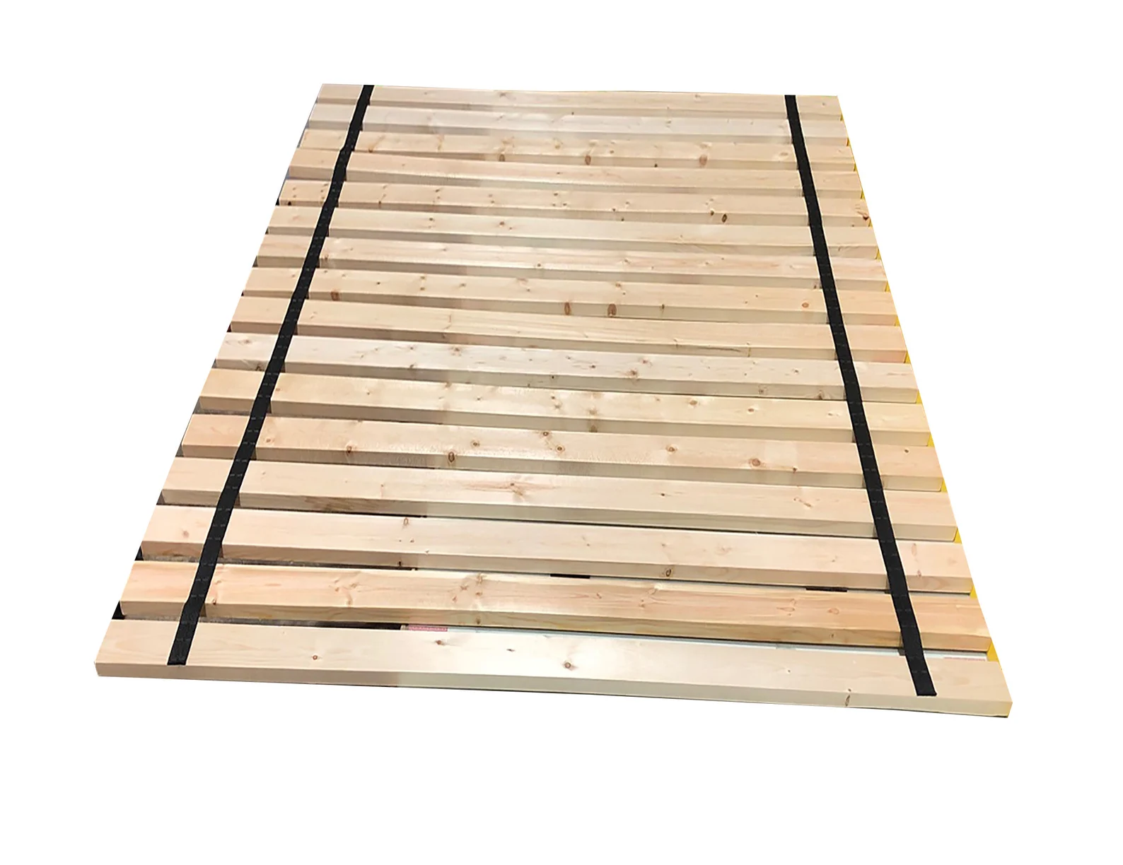 A wooden bed frame with black straps on it.