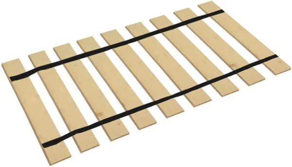 A wooden slat bed frame with black straps.