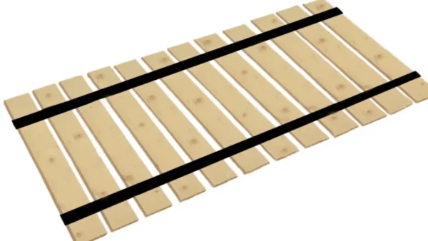 A wooden train track with black strips on it.