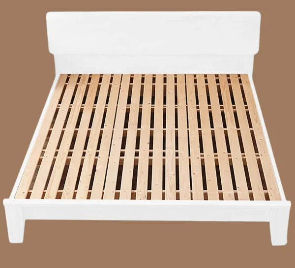 A white bed frame with wooden slats on the bottom.