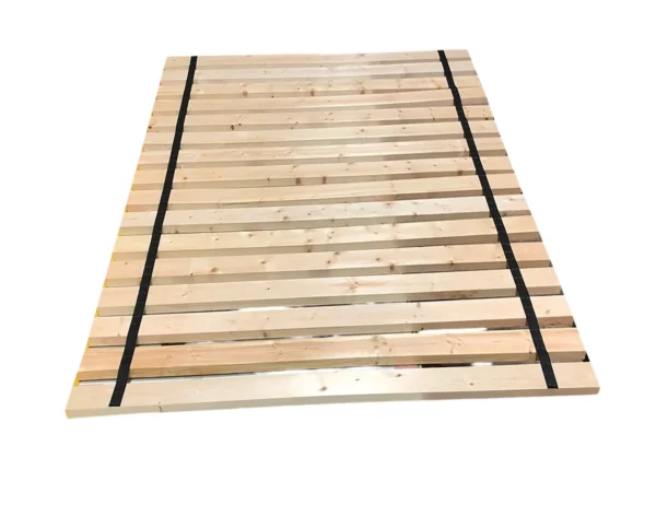 A wooden bed frame with black straps on it.