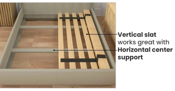 A bed frame with wooden slats and metal bars.