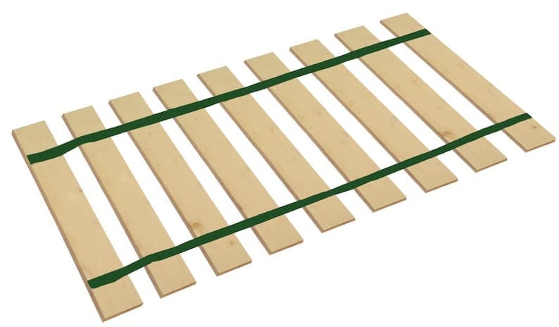 A wooden bed frame with green straps on it.