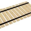 A wooden bed frame with black straps on it.