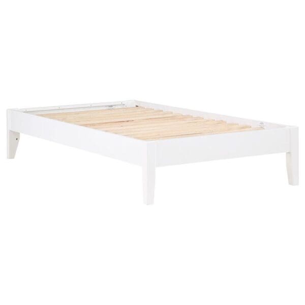 A white bed frame with wooden slats on top.