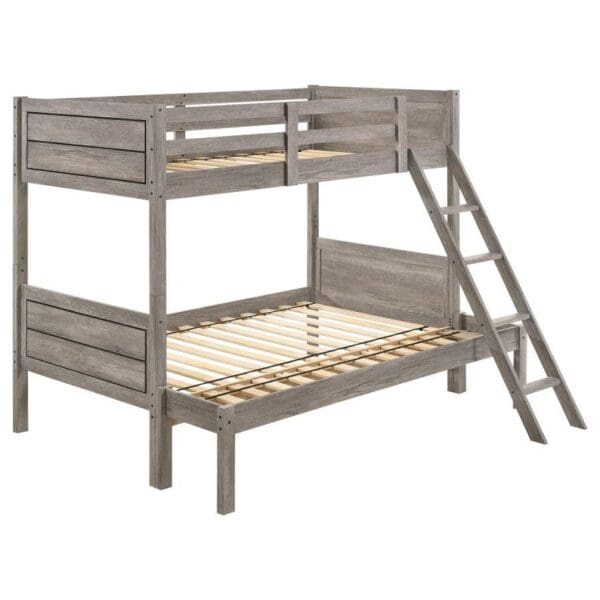 A bunk bed with ladder on the bottom.