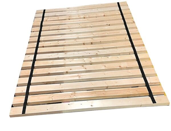 A wooden bed frame with no sheets on it.