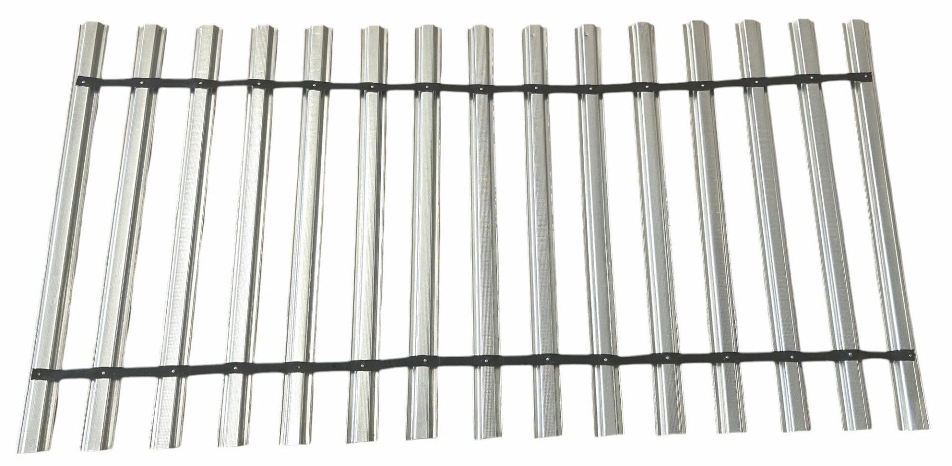 Metal fence section with black straps.