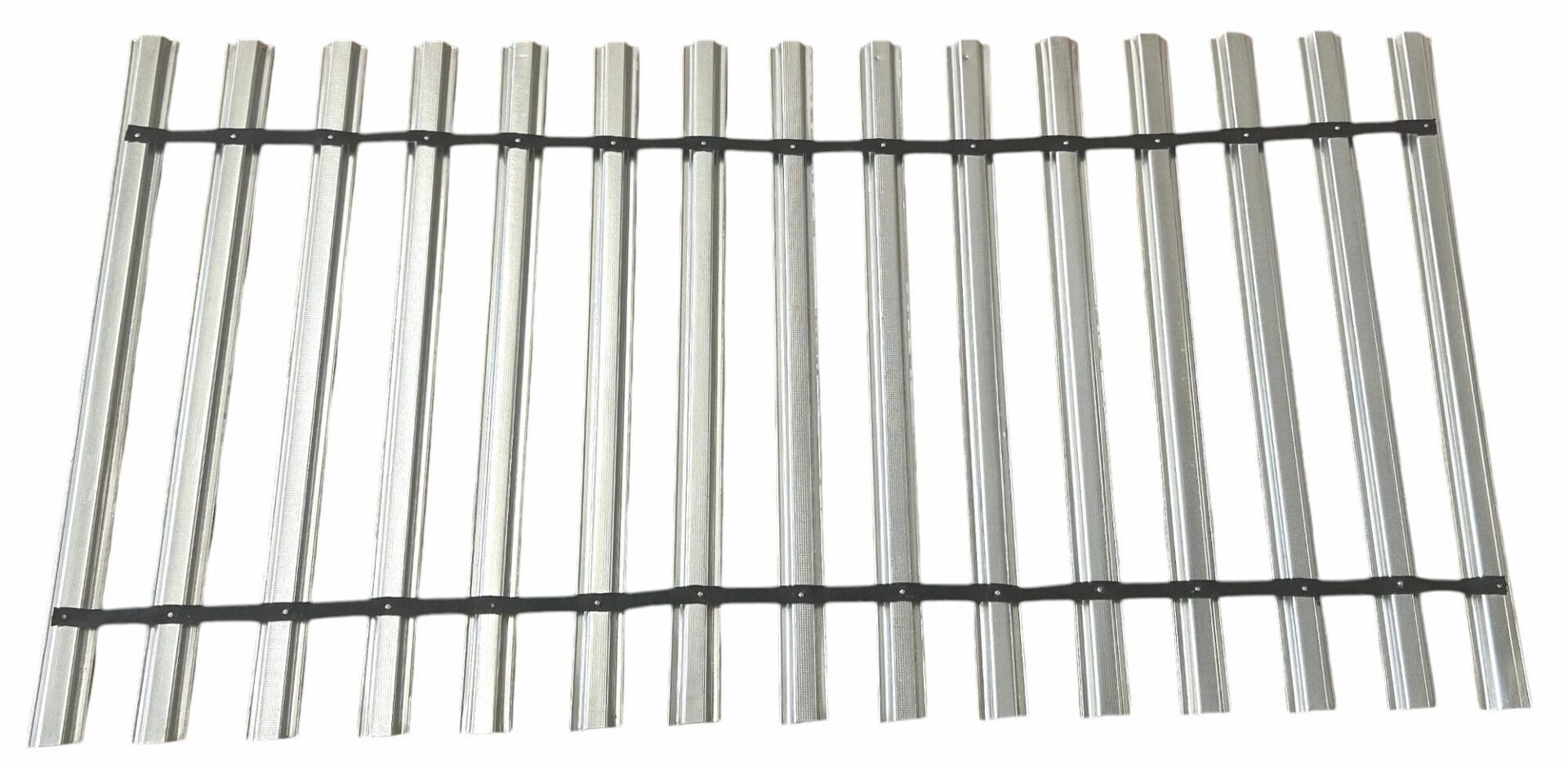 Metal fence section with black straps.