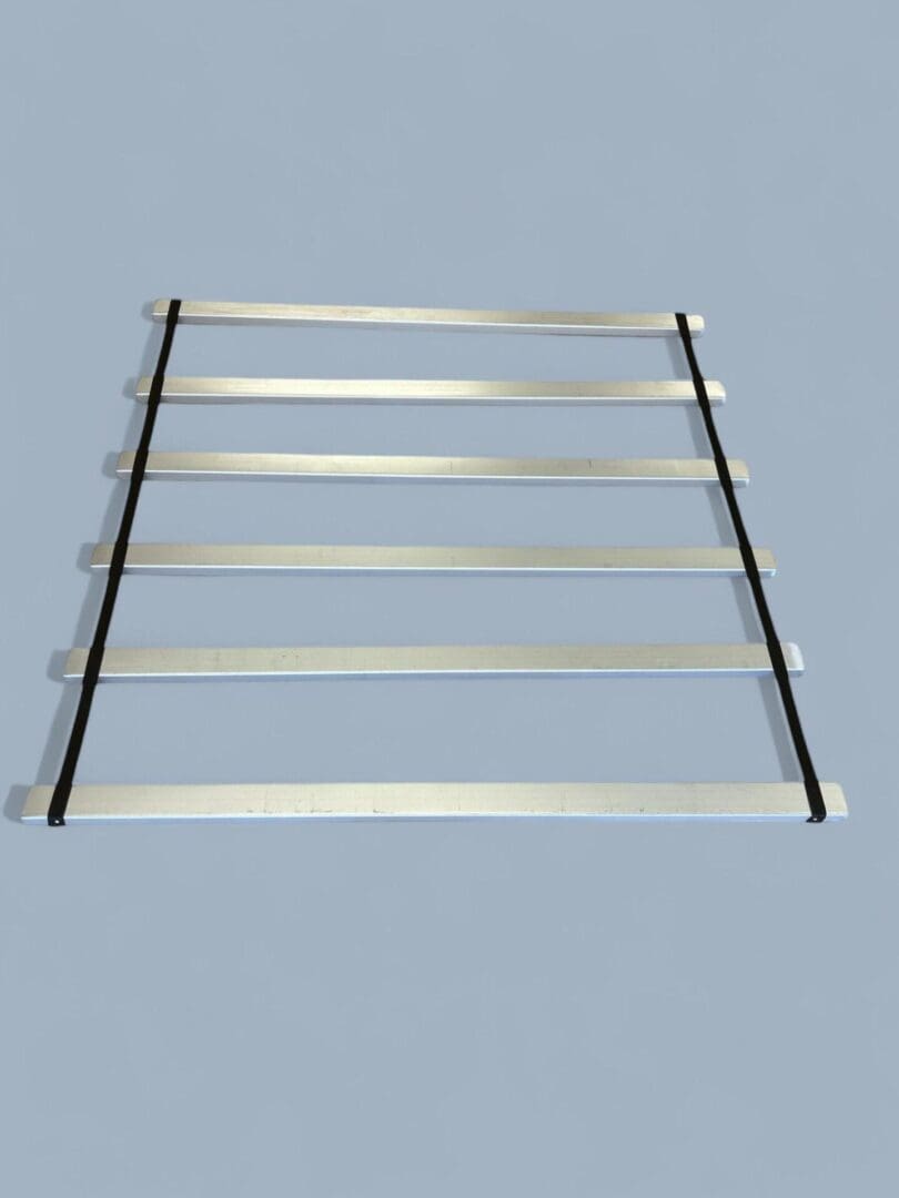 Metal slats strapped together.