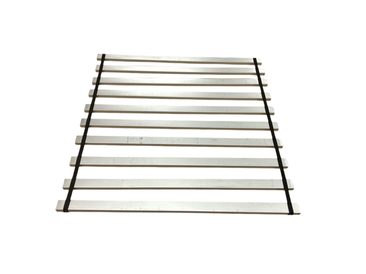 Here's an alt tag for the image: Silver slatted bed base.