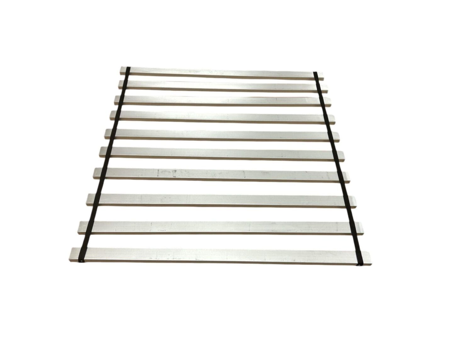 Metal slatted bed base with straps.