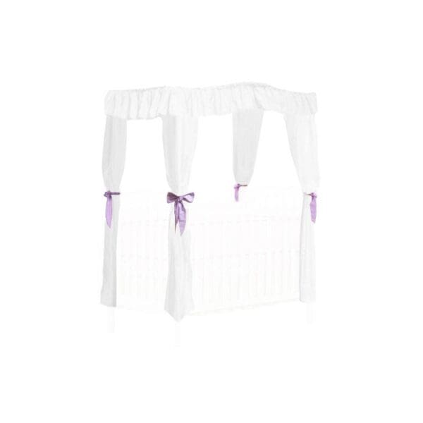 CRIB SIZE Solid White Canopy Bed Fabric Top with  Princess Drapes and Lavender Ribbon Ties