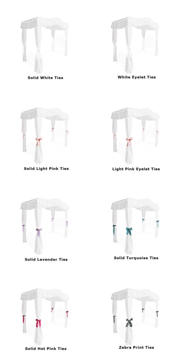 Canopy Bed Fabric Top Full Size Solid White with Princess Drapes and Your Choice of Colorful Ribbon Ties