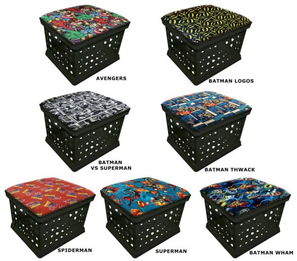 School Storage Crate Black Utility Container for Home/School use with a Comic Book Hero Theme Seat Cushion and a FREE Flashlight!