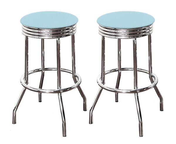 Bar Stool Set 24" or 29" Tall Retro Style Chrome Stools with Baby Blue Vinyl