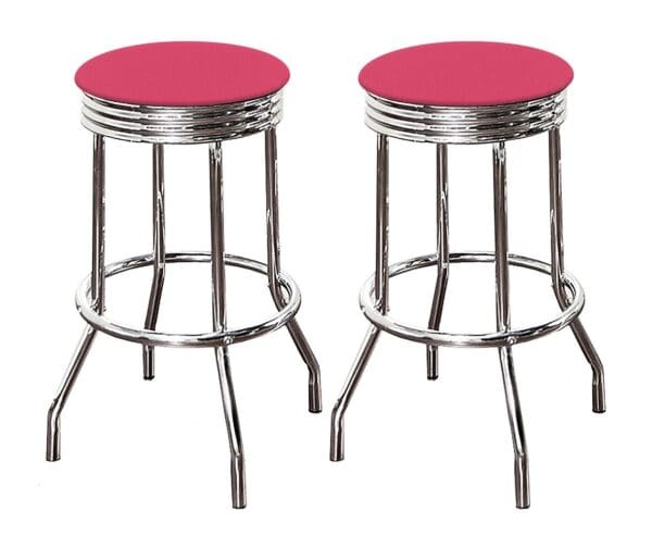 Bar Stool Set 24" or 29" Tall Retro Style Chrome Stools with Dark Pink Vinyl