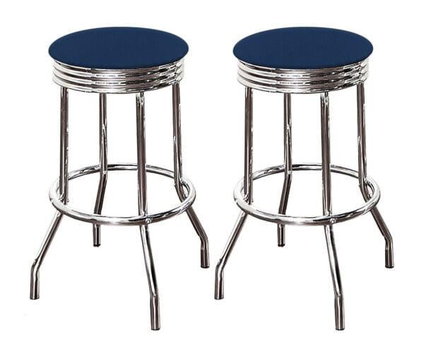 Bar Stool Set 24" or 29" Tall Retro Style Chrome Stools with Blue Vinyl