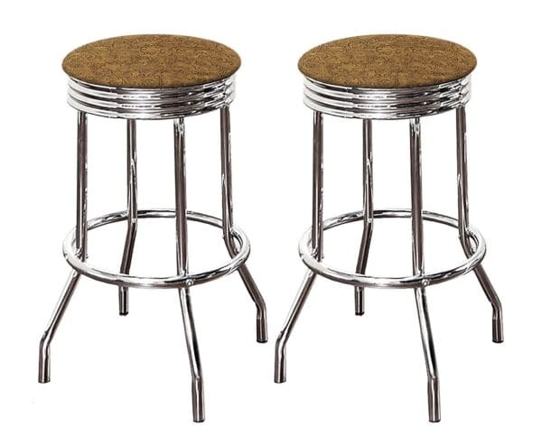 Bar Stool Set 24" or 29" Tall Retro Style Chrome Stools with Floral Embossed Light Brown Soft Vinyl
