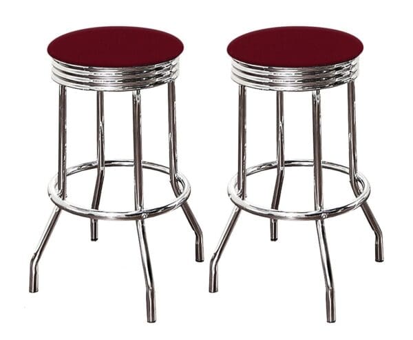 Bar Stool Set 24" or 29" Tall Retro Style Chrome Stools with Burgundy Vinyl