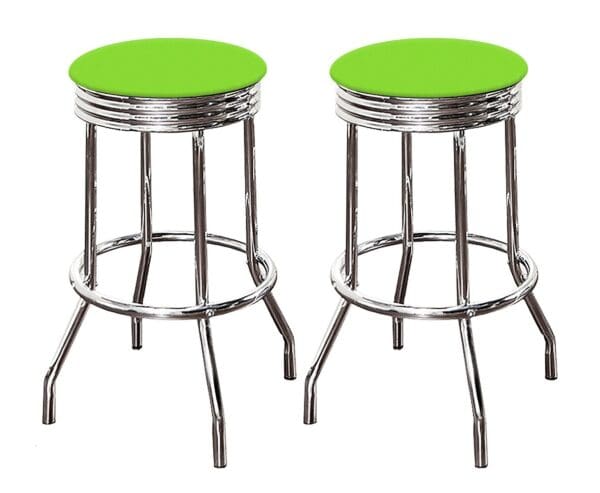 Bar Stool Set 24" or 29" Tall Retro Style Chrome Stools with Bright Green Vinyl
