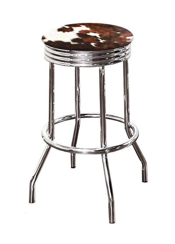 Bar Stool Authentic Cowhide Covered Seat Cushion on a Chrome Metal Retro Style Swivel Seat Stool - Image 8