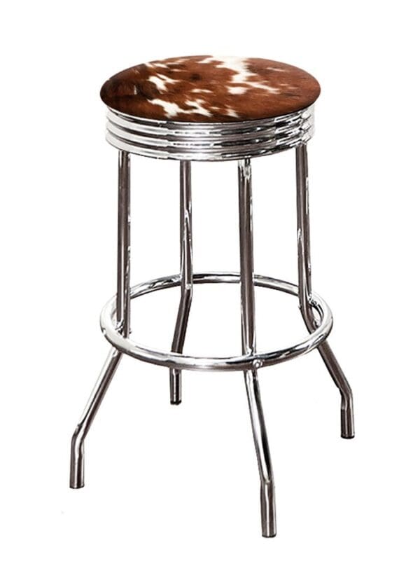Bar Stool Authentic Cowhide Covered Seat Cushion on a Chrome Metal Retro Style Swivel Seat Stool - Image 6