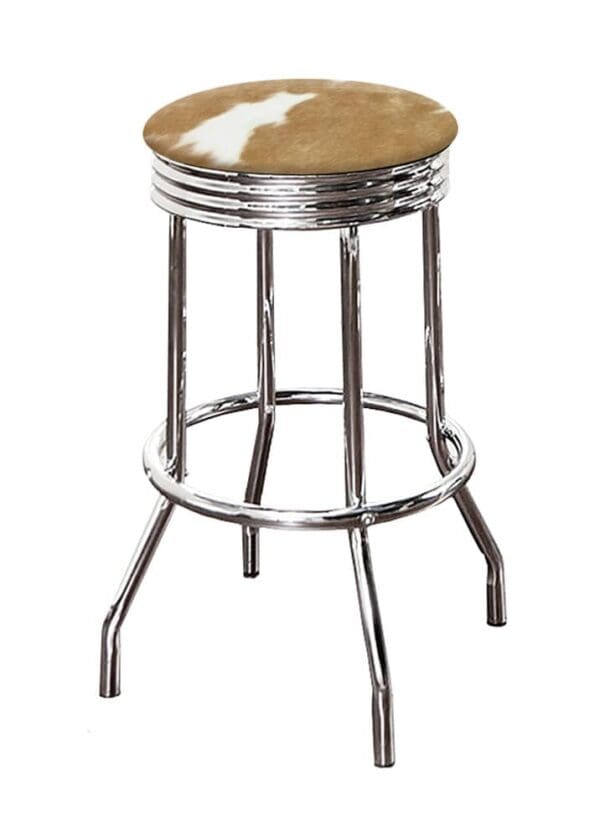 Bar Stool Authentic Cowhide Covered Seat Cushion on a Chrome Metal Retro Style Swivel Seat Stool - Image 4