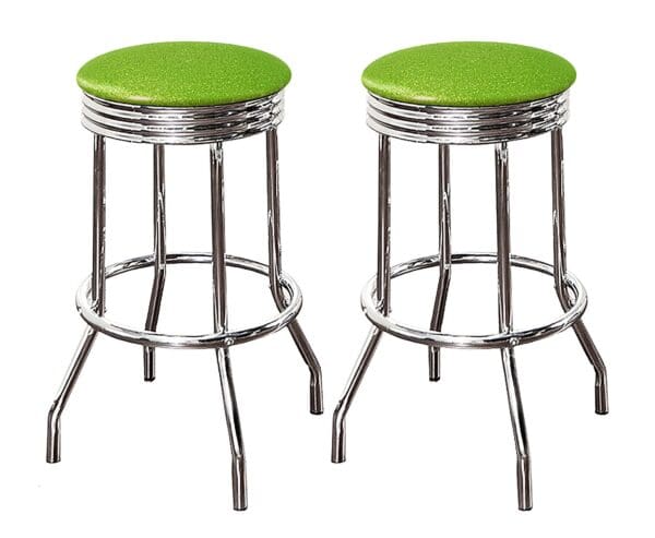Bar Stool Set Retro Style Chrome Stools with Lime Green Glitter Vinyl 24" or 29" Tall