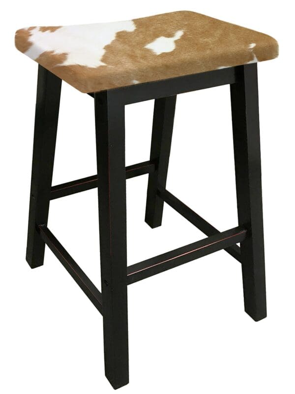 Bar Stool Authentic Cowhide Covered Cushioned Saddle Seat Style Black Finish Wood Stool Custom Height 24" or 29" Tall - Image 7