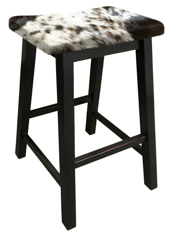 Bar Stool Authentic Cowhide Covered Cushioned Saddle Seat Style Black Finish Wood Stool Custom Height 24" or 29" Tall - Image 2