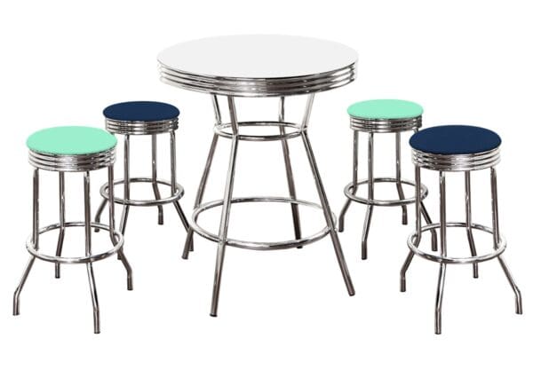 White Bar/Pub Table Set 5-Piece Retro Soda Fountain Style with a Color Variety of 2 Turquoise and 2 Blue Vinyl Covered Swivel Seat Cushions